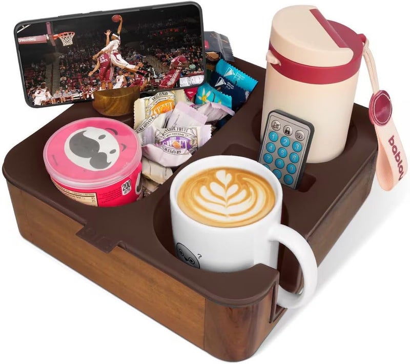 Couch Buddy Couch Cup Holder Tray, Real Acacia Wooden Caddy with Soft Silicone, Snack and Drink Organizer- Perfect Movie Night Accessories for Bed, Remote and Cup Holders for Sofa (Coffee) - Image 1